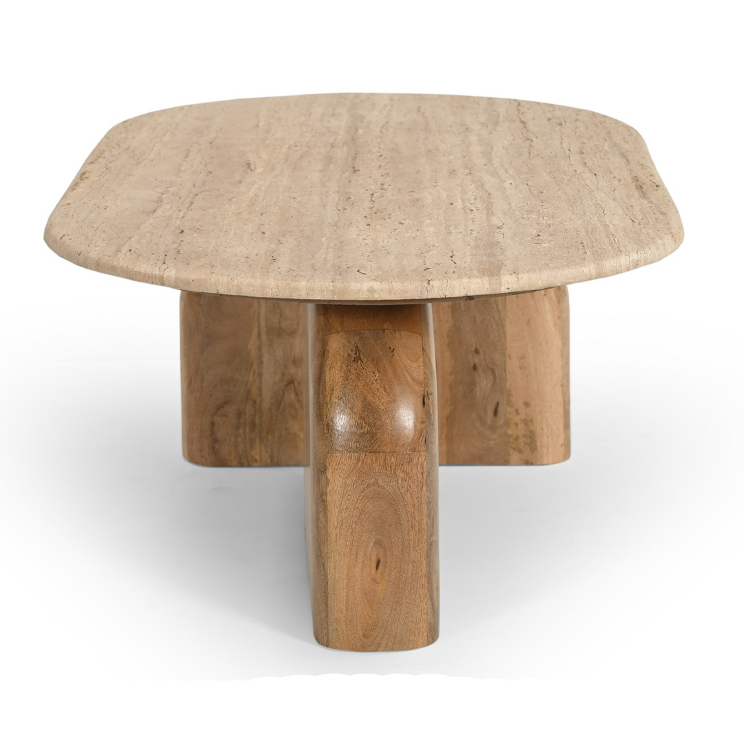 Kellison - Modern Travertine Marble + Wood Oval Coffee Table