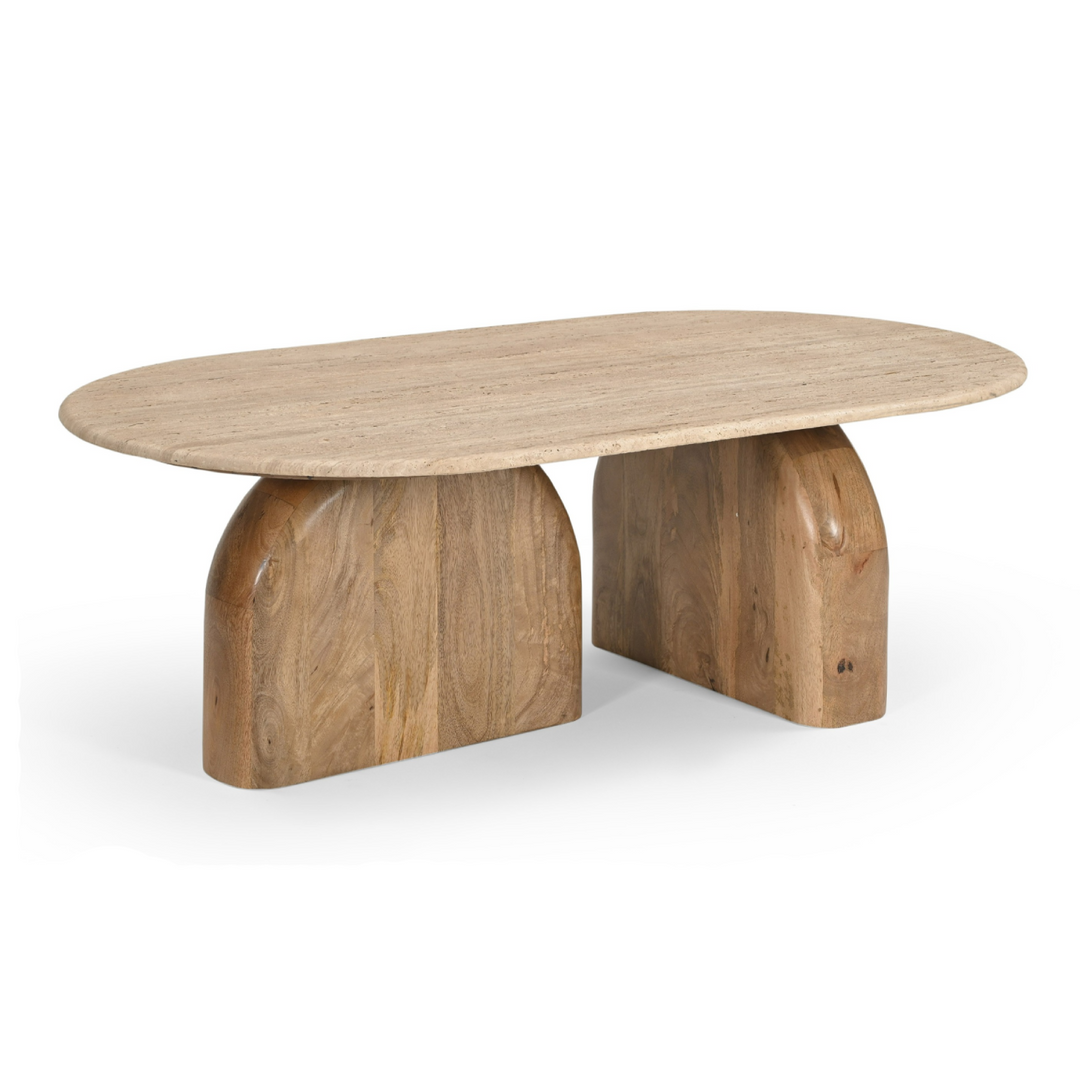 Kellison - Modern Travertine Marble + Wood Oval Coffee Table