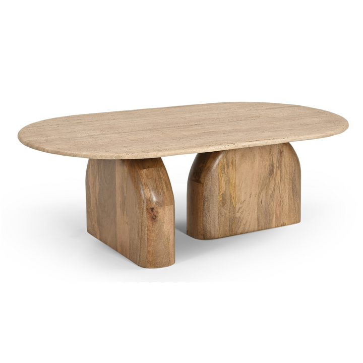 Kellison - Modern Travertine Marble + Wood Oval Coffee Table