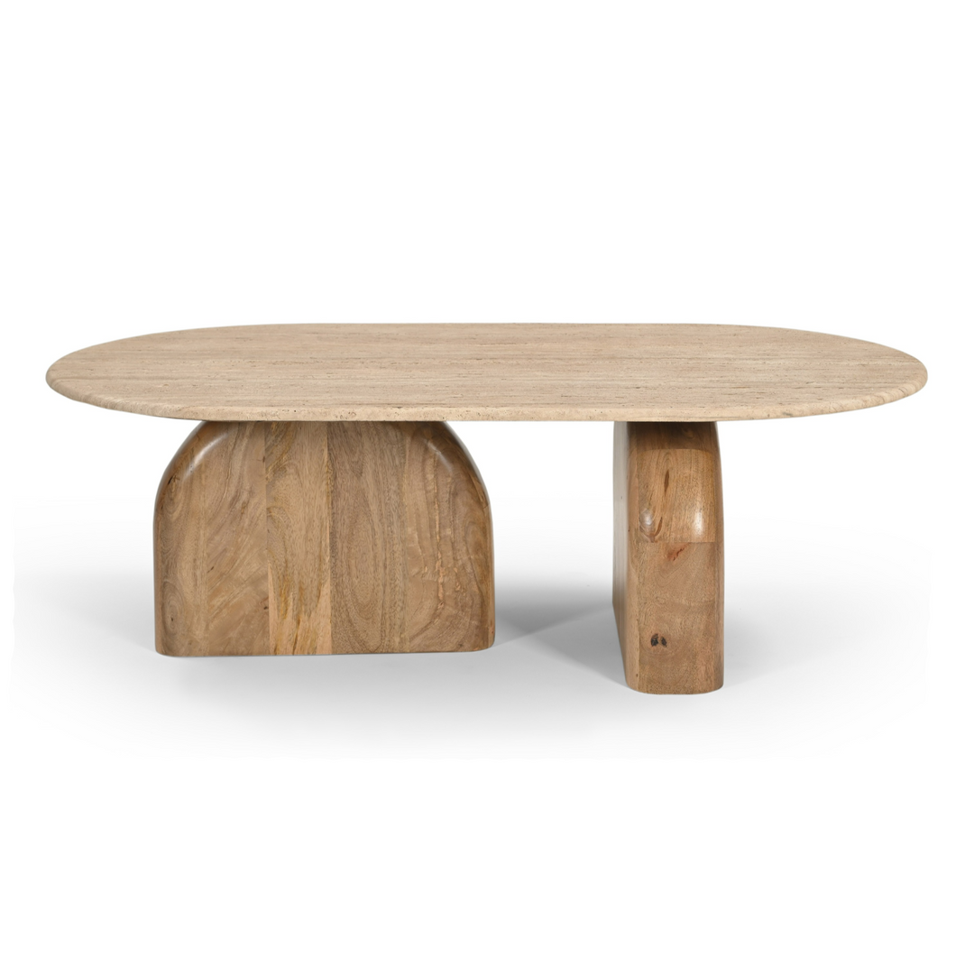 Kellison - Modern Travertine Marble + Wood Oval Coffee Table