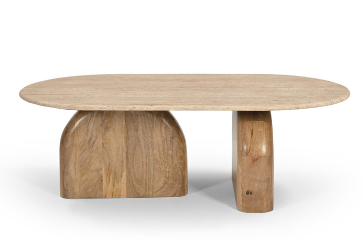 Kellison - Modern Travertine Marble  Wood Oval Coffee Table