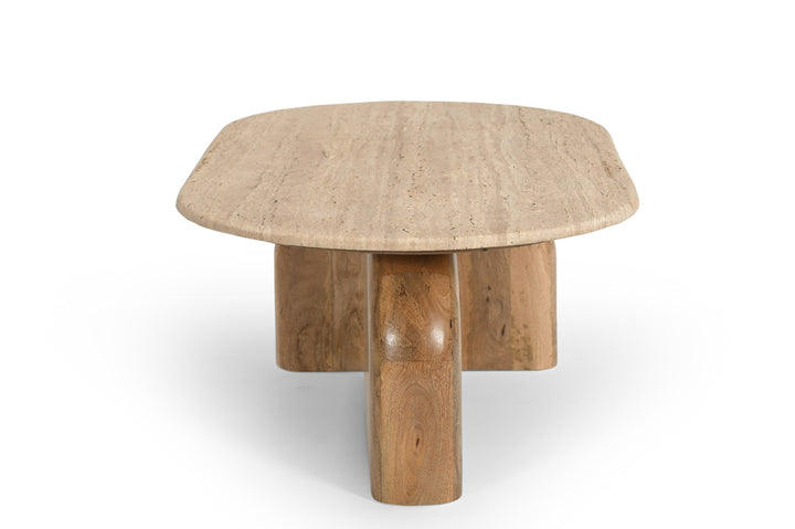 Kellison - Modern Travertine Marble  Wood Oval Coffee Table
