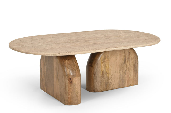 Kellison - Modern Travertine Marble  Wood Oval Coffee Table