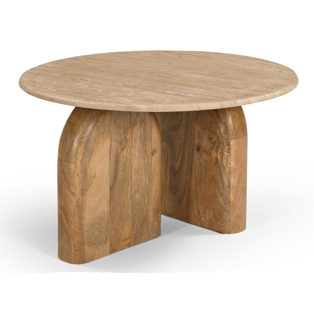 Kellison - Modern Travertine Marble + Wood End Table - View 2