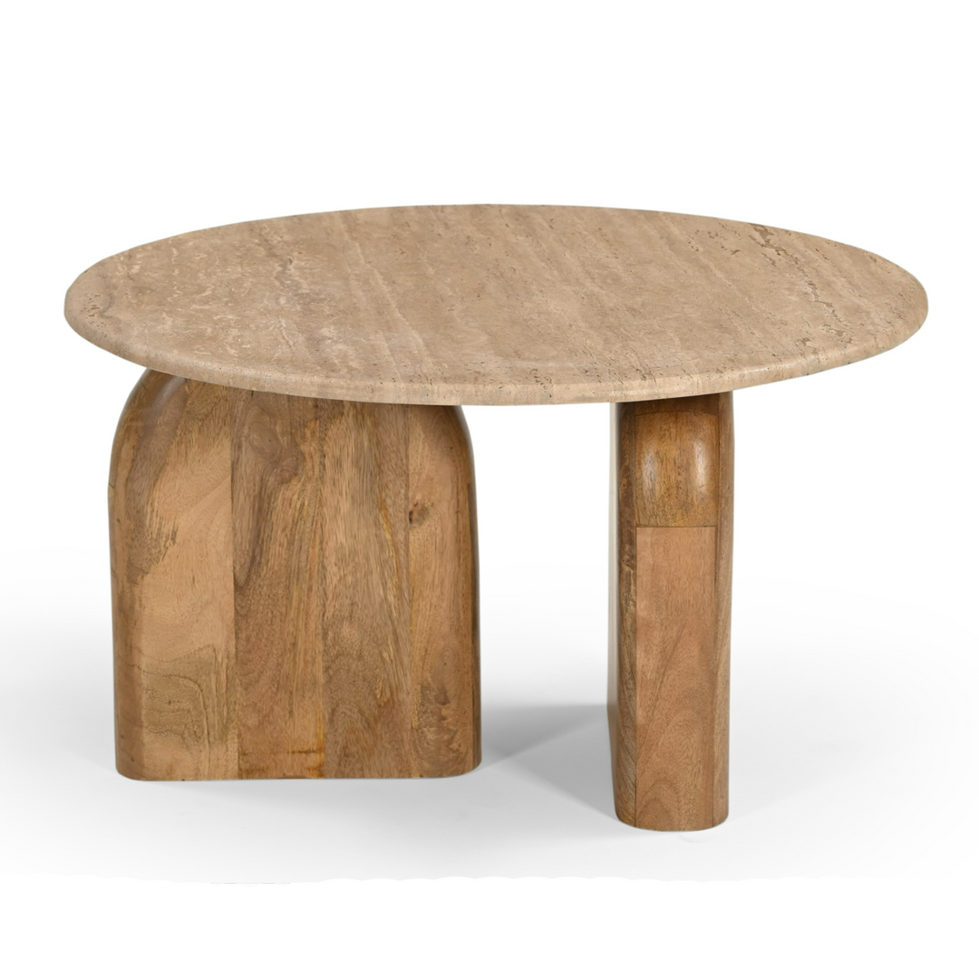 Kellison - Modern Travertine Marble + Wood End Table