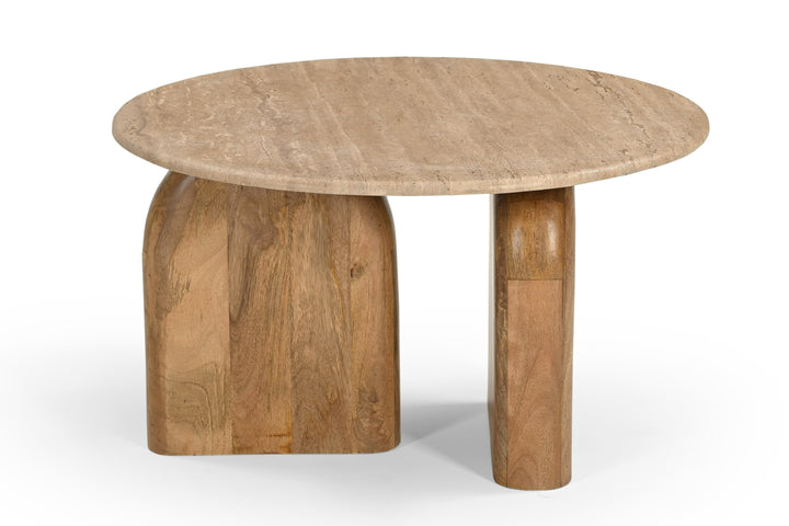 Kellison - Modern Travertine Marble  Wood End Table