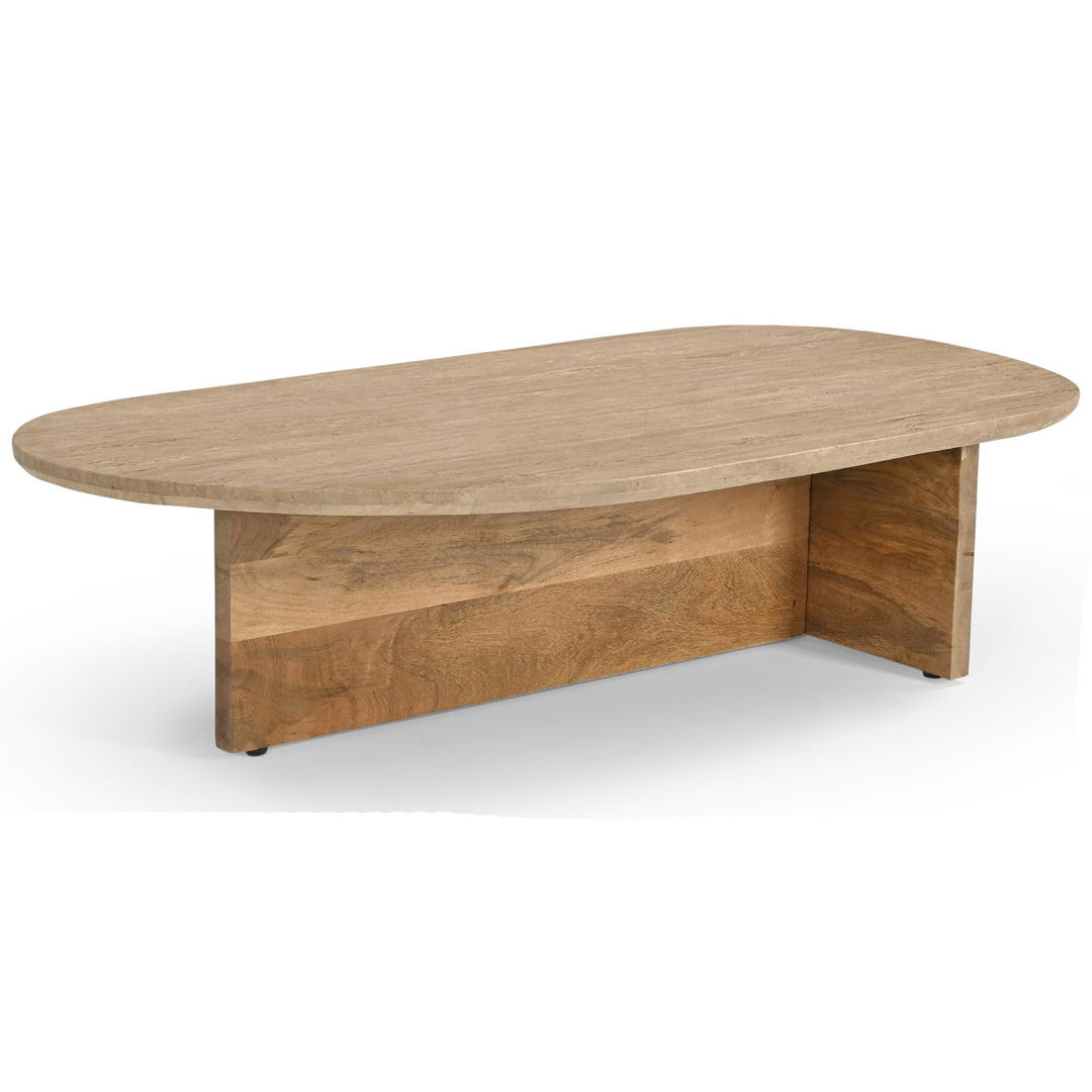 Chisholm - Modern Travertine Marble + Wood Freeform Coffee Table