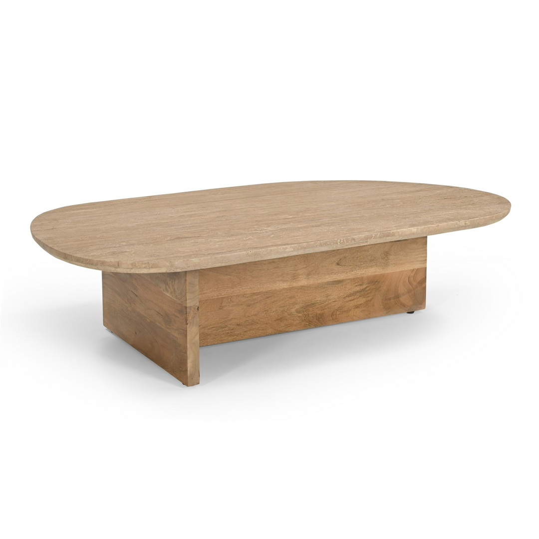 Chisholm - Modern Travertine Marble + Wood Freeform Coffee Table