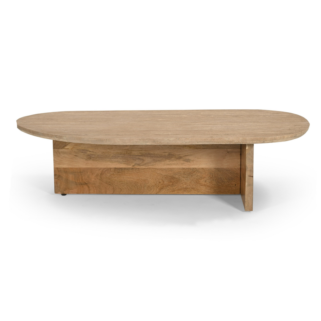 Chisholm - Modern Travertine Marble + Wood Freeform Coffee Table