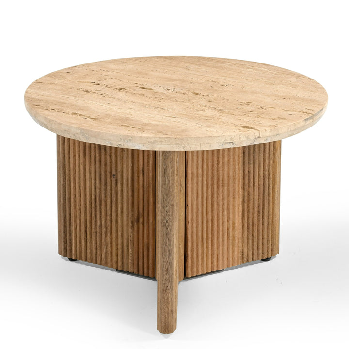 Pawnee - Modern Travertine Marble  Wood Round End Table
