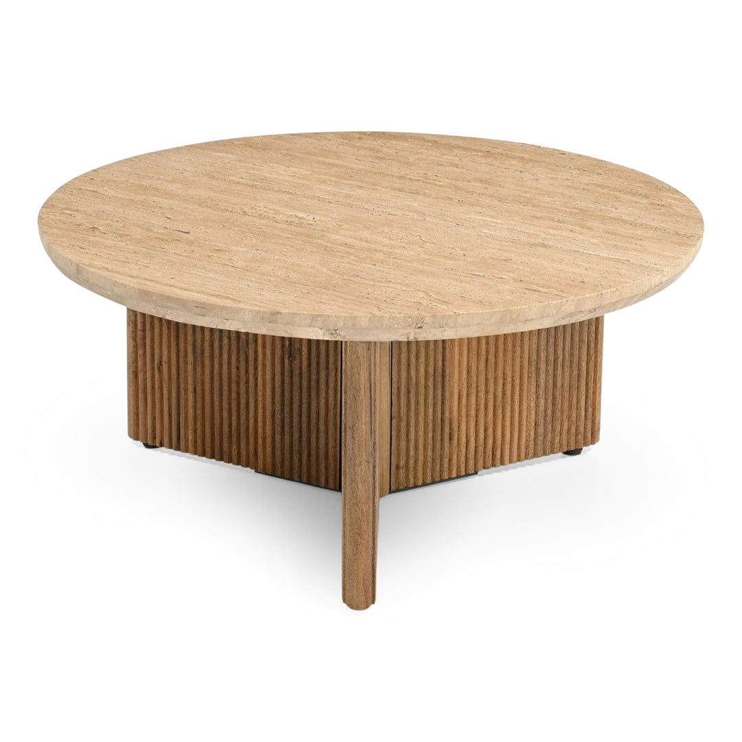 Pawnee - Modern Travertine Marble + Wood Round Coffee Table