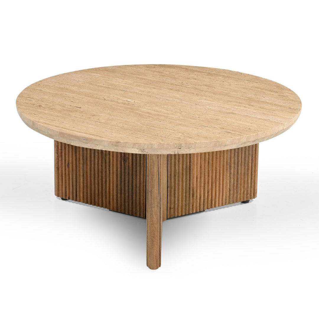 Pawnee - Modern Travertine Marble + Wood Round Coffee Table