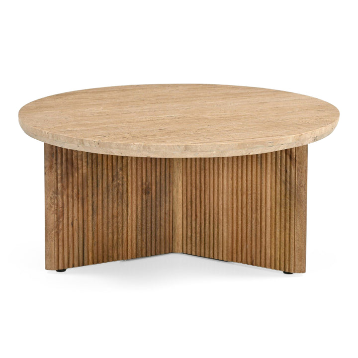 Pawnee - Modern Travertine Marble + Wood Round Coffee Table