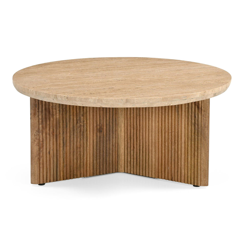 Pawnee - Modern Travertine Marble + Wood Round Coffee Table