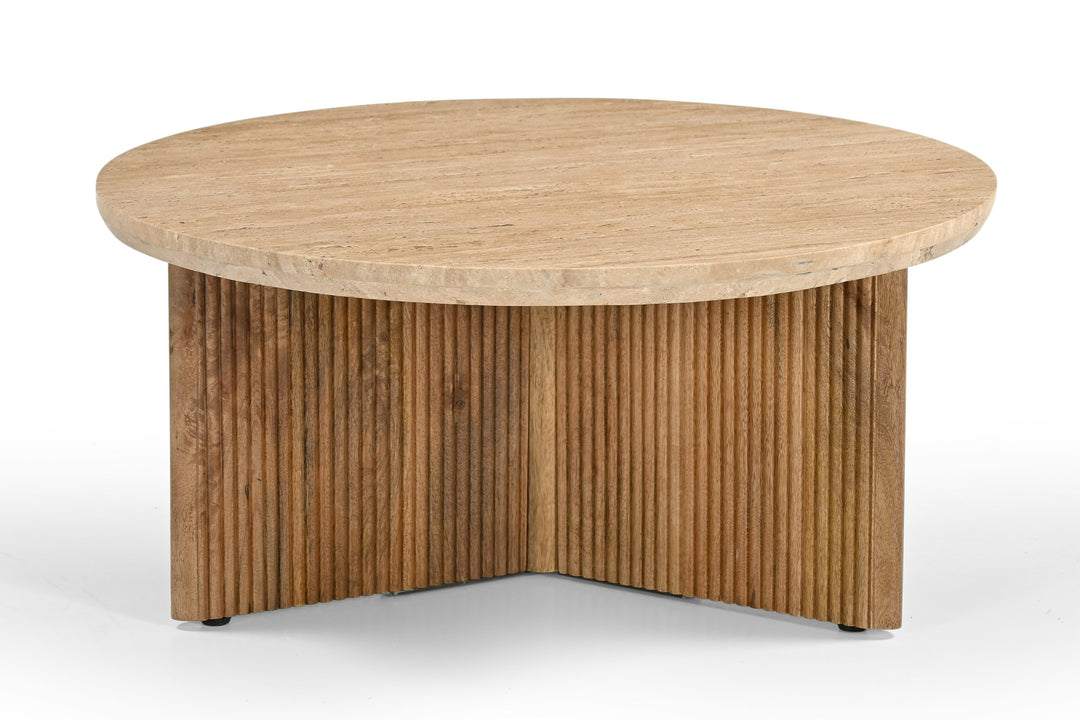 Pawnee - Modern Travertine Marble  Wood Round Coffee Table