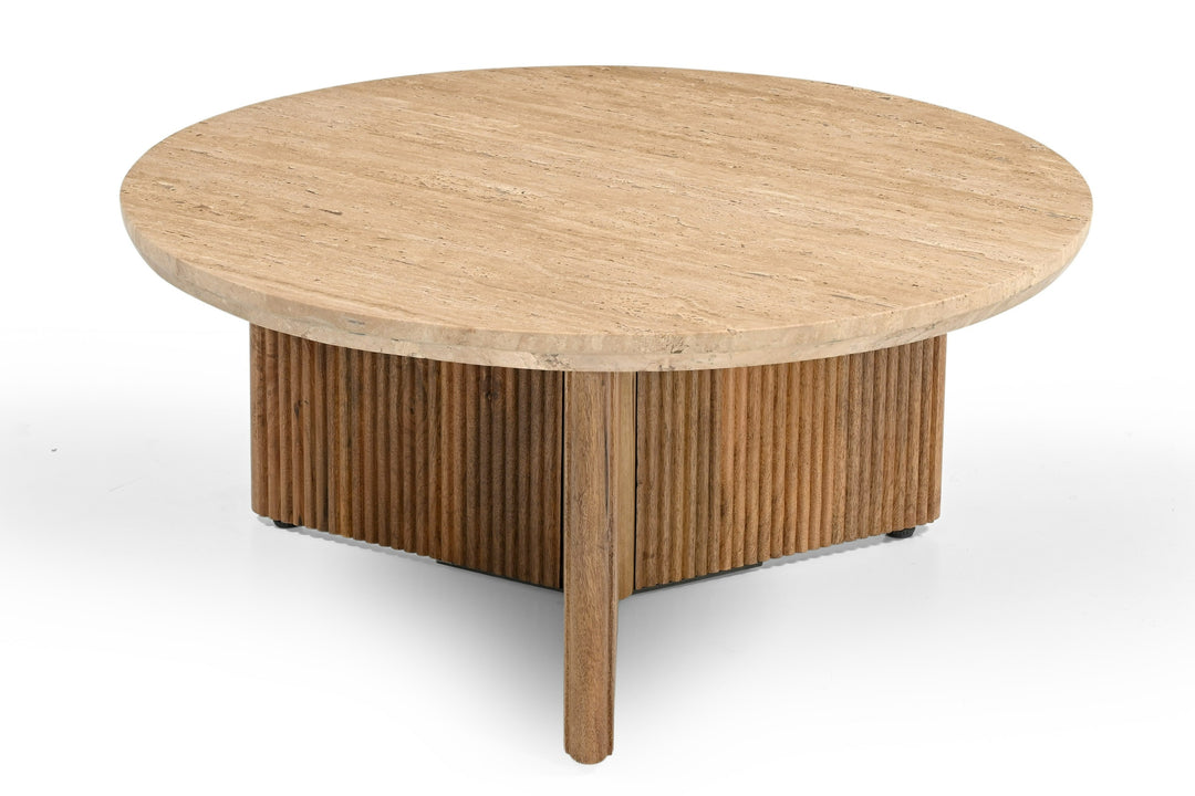 Pawnee - Modern Travertine Marble  Wood Round Coffee Table