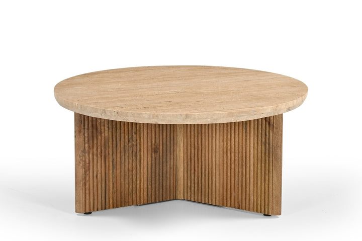 Pawnee - Modern Travertine Marble  Wood Round Coffee Table