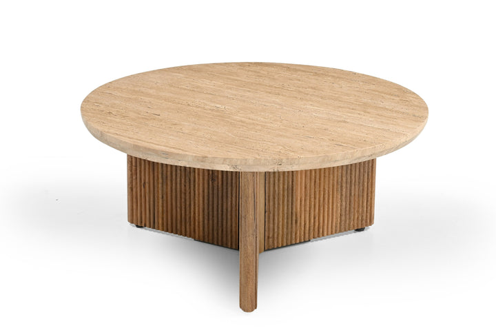 Pawnee - Modern Travertine Marble  Wood Round Coffee Table