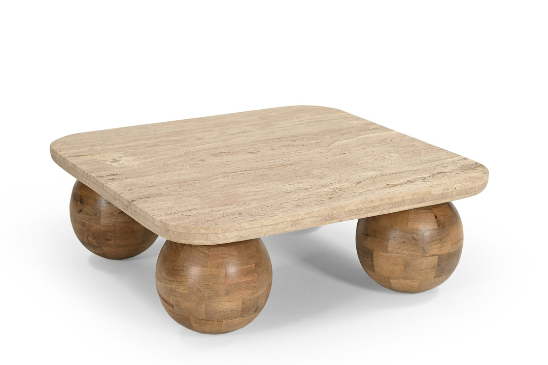 Seadrift - Modern Travertine Marble  Wood Square Coffee Table