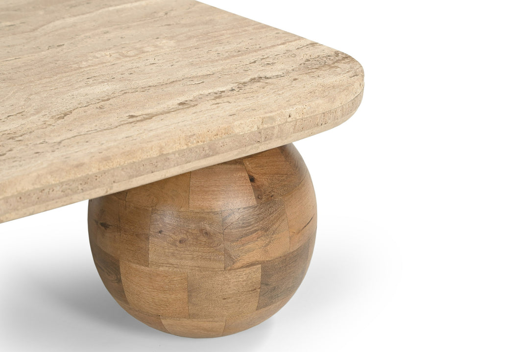 Seadrift - Modern Travertine Marble  Wood Square Coffee Table