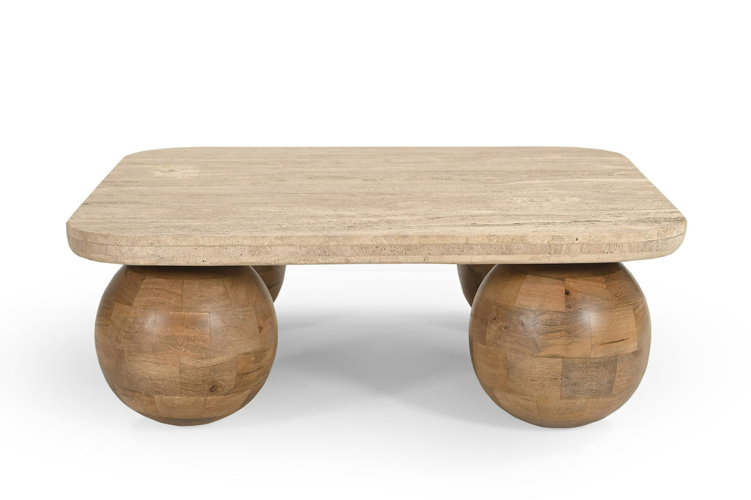 Seadrift - Modern Travertine Marble  Wood Square Coffee Table