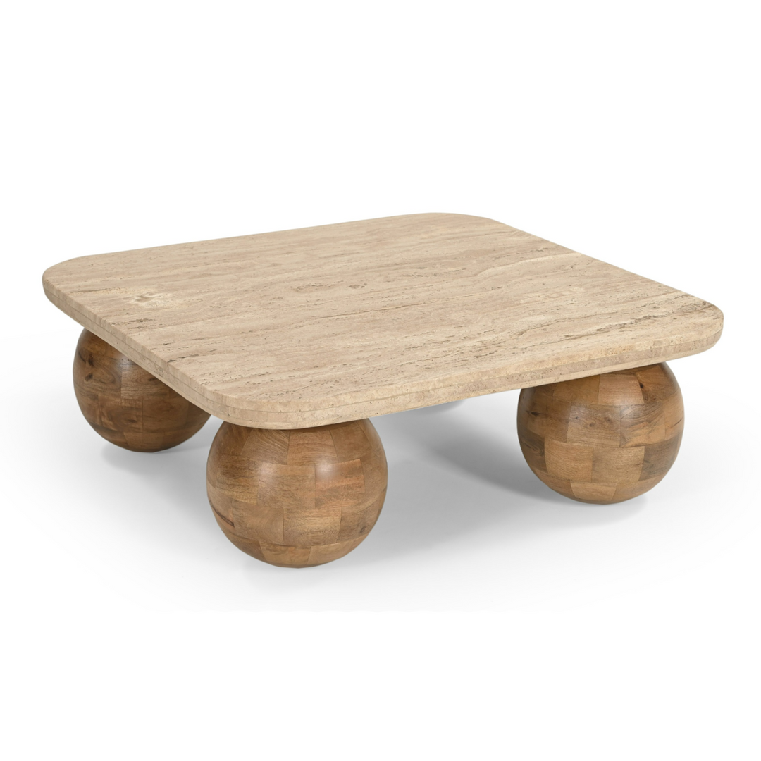Seadrift Modern Travertine Marble & Wood Square Coffee Table