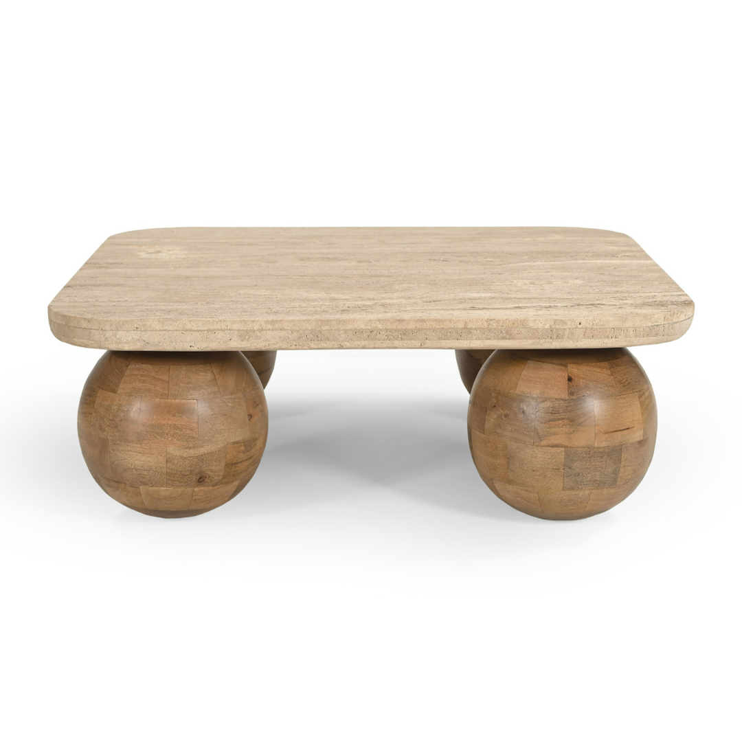 Seadrift Modern Travertine Marble & Wood Square Coffee Table