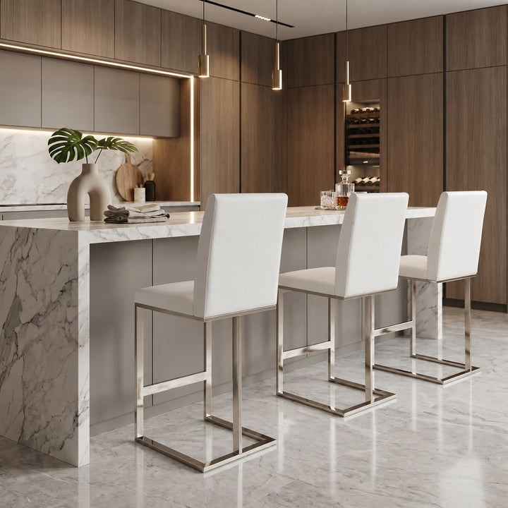 Frankie - Modern White Vegan Leather + Stainless Steel Counter Chair