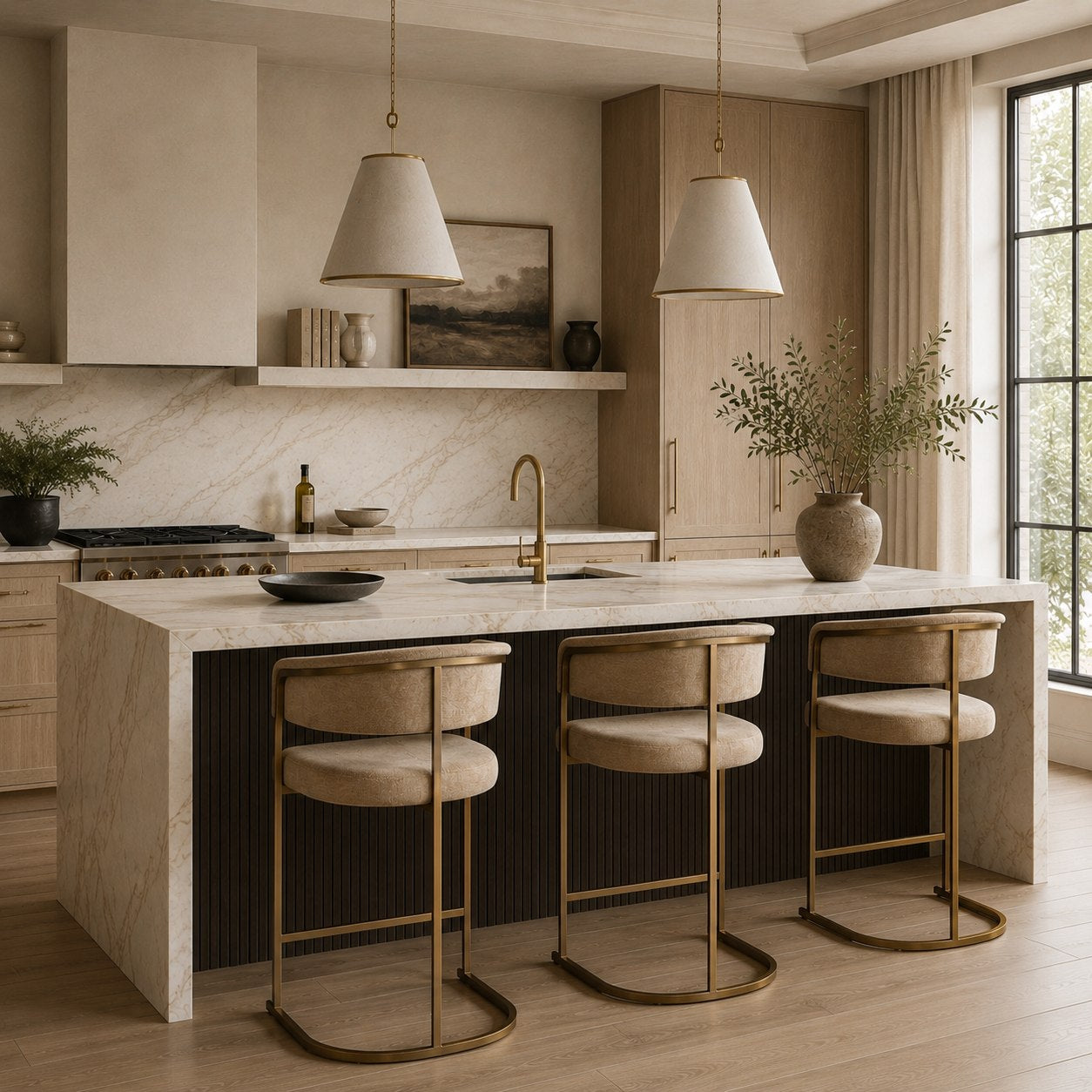 Sebastian - Modern Brown Fabric + Antique Brass Counter Chair - View 7