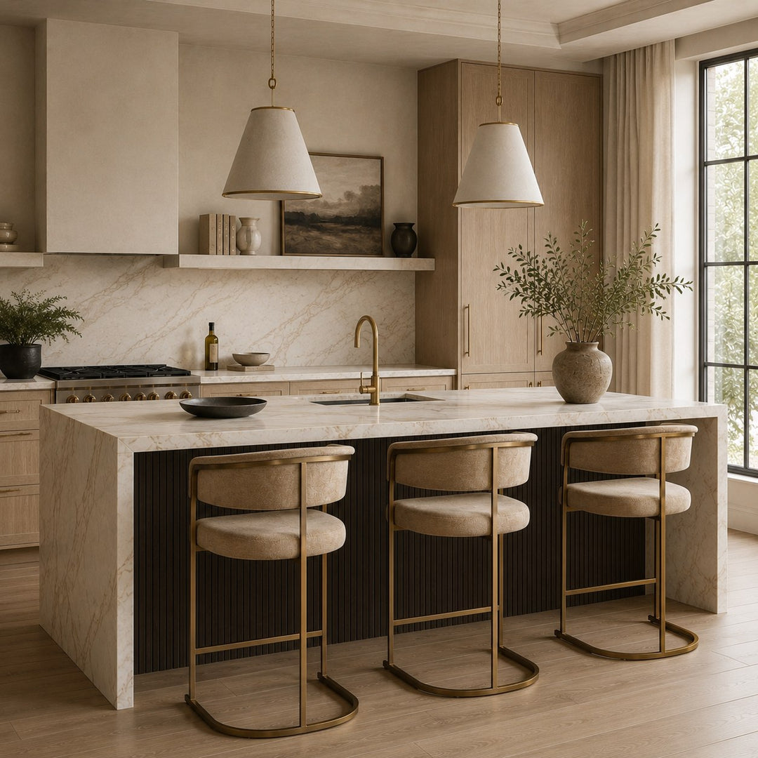 Sebastian - Modern Brown Fabric + Antique Brass Counter Chair