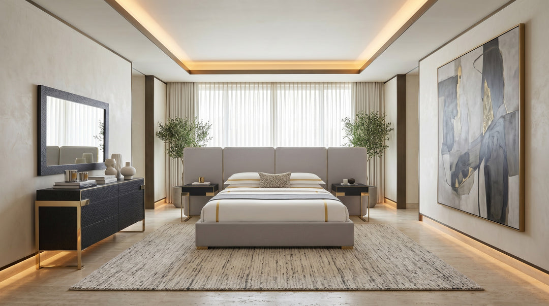 Athena & Rothsay - Modern Grey Fabric + Wenge + Gold Bedroom Set
