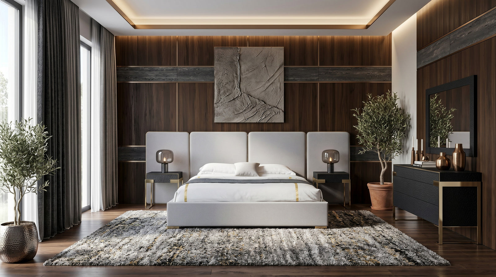 Athena - Modern Light Grey Linen + Gold Bed - View 6
