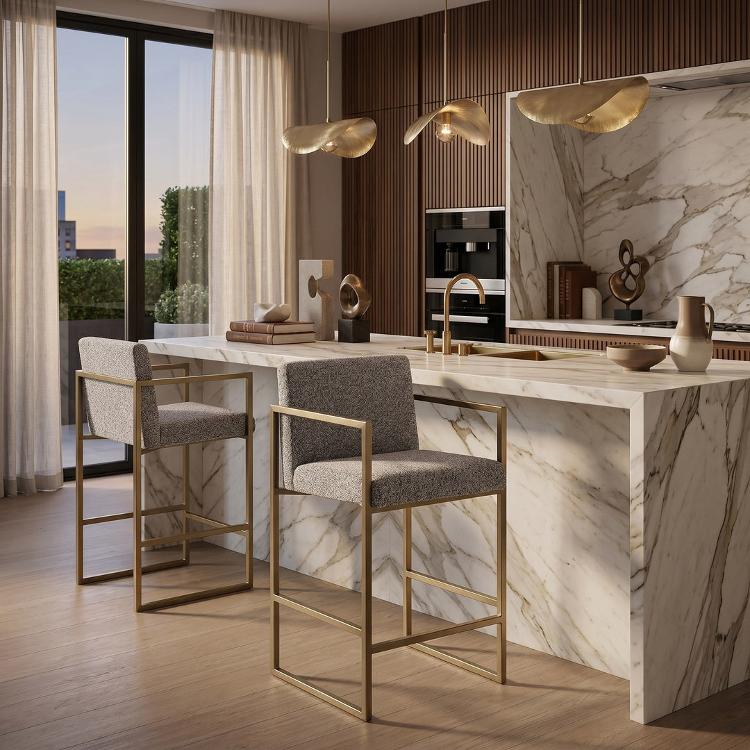 Suzanne - Modern Grey Fabric + Antique Brass Counter Chair