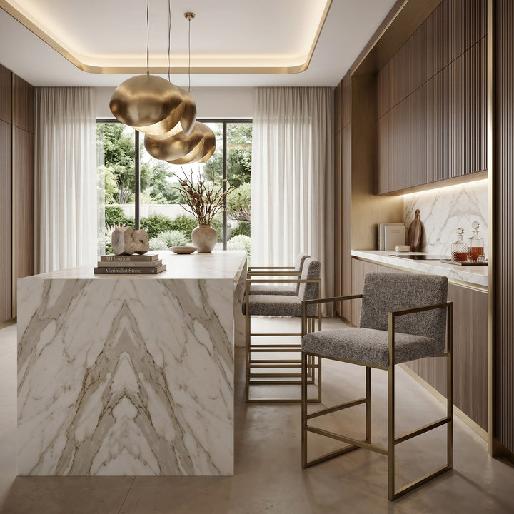 Suzanne - Modern Grey Fabric + Antique Brass Counter Chair