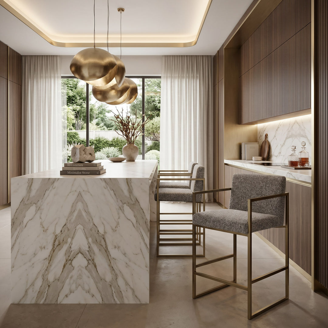 Suzanne - Modern Grey Fabric + Antique Brass Counter Chair