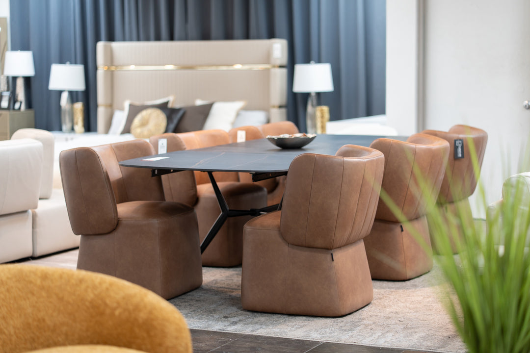 Standing - Modern Brown Vegan Leather Dining Chair with Castor Wheels