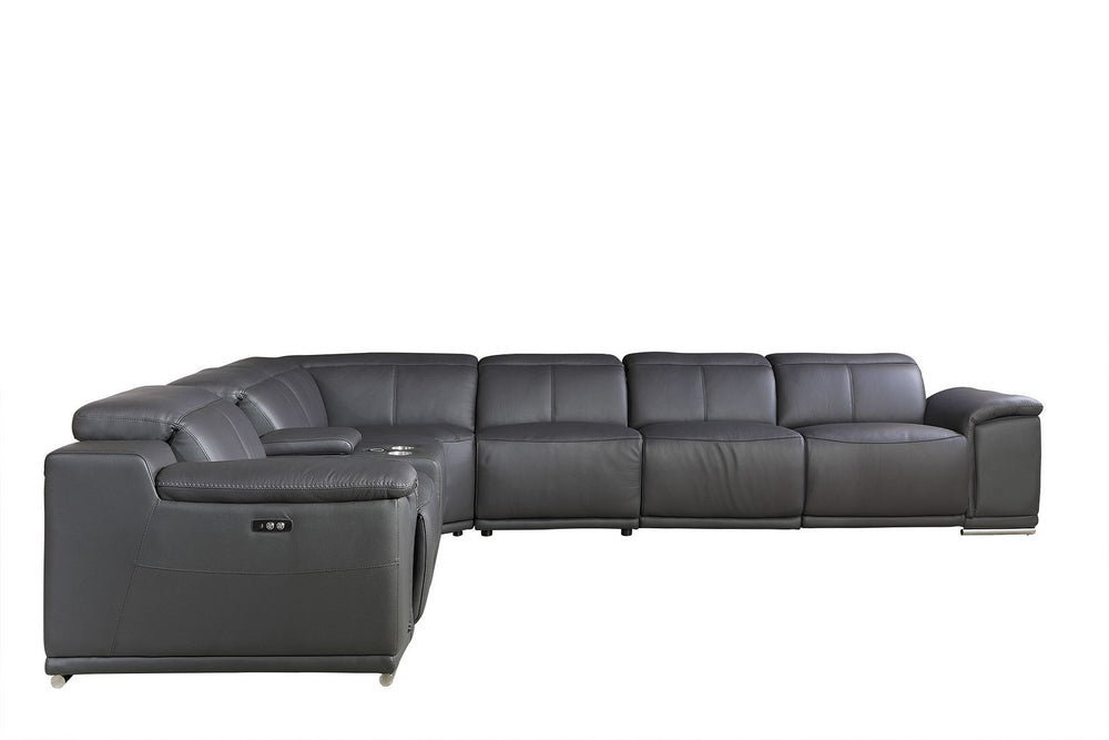 DivanItalia 9762 8-Piece L Shaped Top Grain Italian Leather Sectional Sofa with 4 Power Recliners - Dark Gray