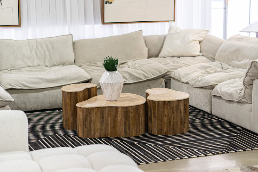 Matador - Modern Travertine Marble + Wood Freeform Coffee Table Set
