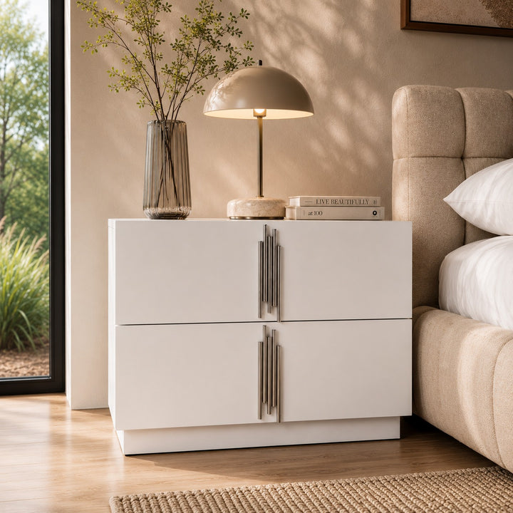 Token - Modern White &amp; Stainless Steel Wide Nightstand