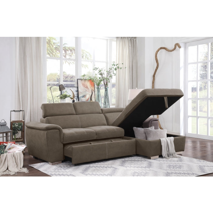 2PC Taupe Sleeper Sofa with Adjustable Headrests and Storage