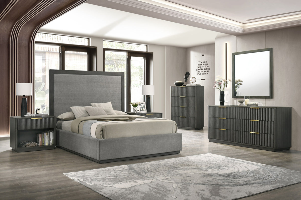 Queen Santa Barbara + Santa Monica - Modern Grey Fabric + Grey Wash Bedroom Set
