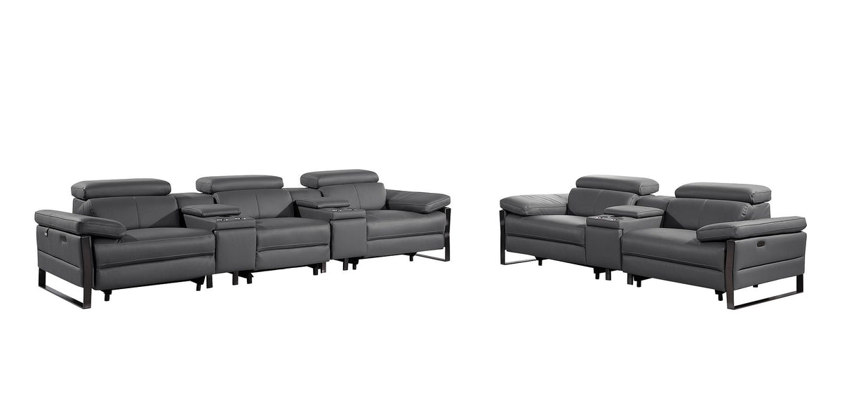 DivanItalia 1246 Modular Power Reclining Dual Console Sofa and Console Loveseat Set with Power Headrests – Top Grain Italian Leather - Dark Gray