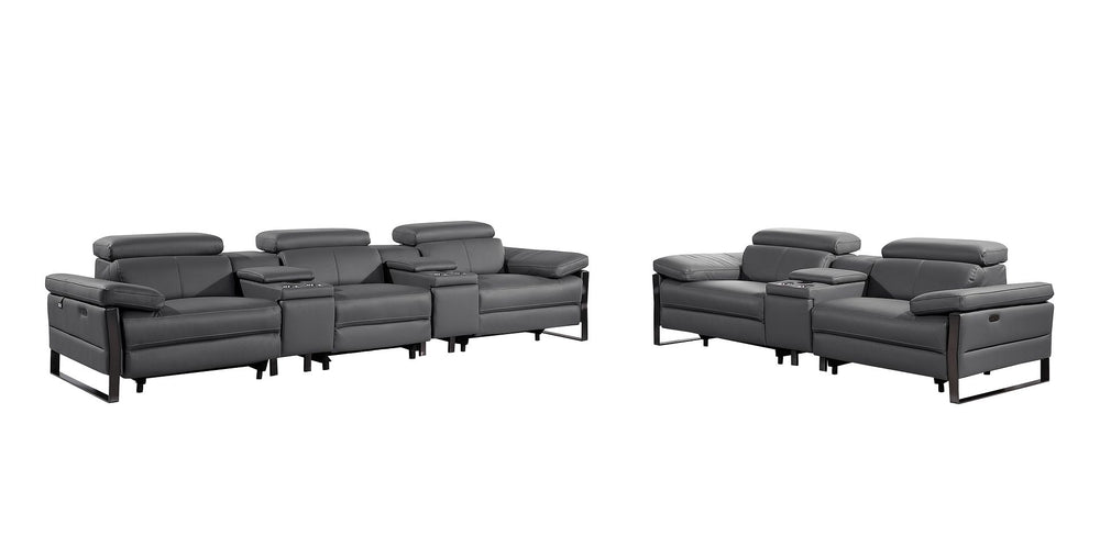 DivanItalia 1246 Modular Power Reclining Dual Console Sofa and Console Loveseat Set with Power Headrests – Top Grain Italian Leather - Dark Gray