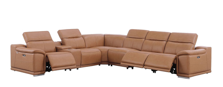 DivanItalia 9762 7-Piece L Shaped Top Grain Italian Leather Sectional Sofa with 3 Power Recliners - Cognac