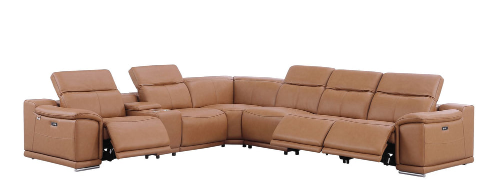 DivanItalia 9762 7-Piece L Shaped Top Grain Italian Leather Sectional Sofa with 3 Power Recliners - Cognac