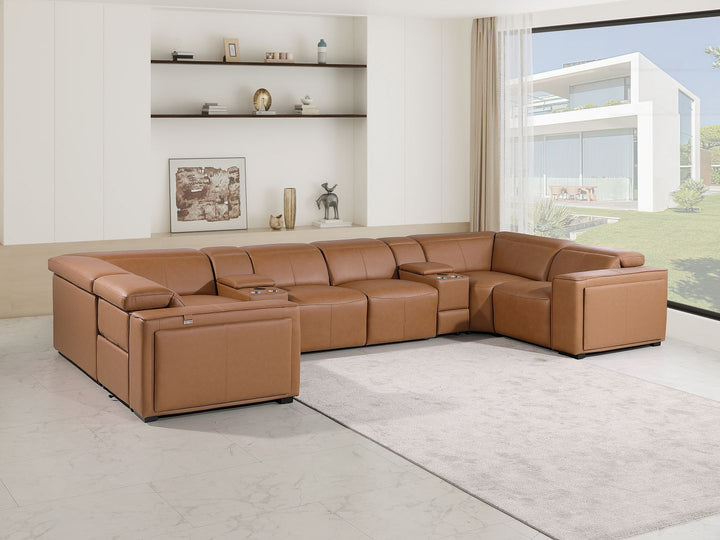 DivanItalia 1224 8-Piece U-Shaped Sectional Sofa in Top Grain Italian Leather with 4 Power Recliners &amp; Power Headrests – with Console - Cognac
