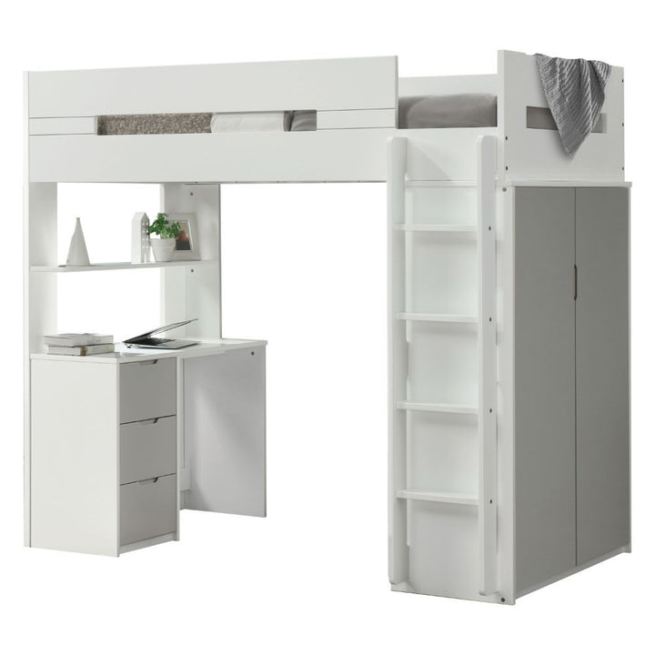 ACME Furniture Nerice Twin Loft Bed With Desk & Wardrobe White & Gray