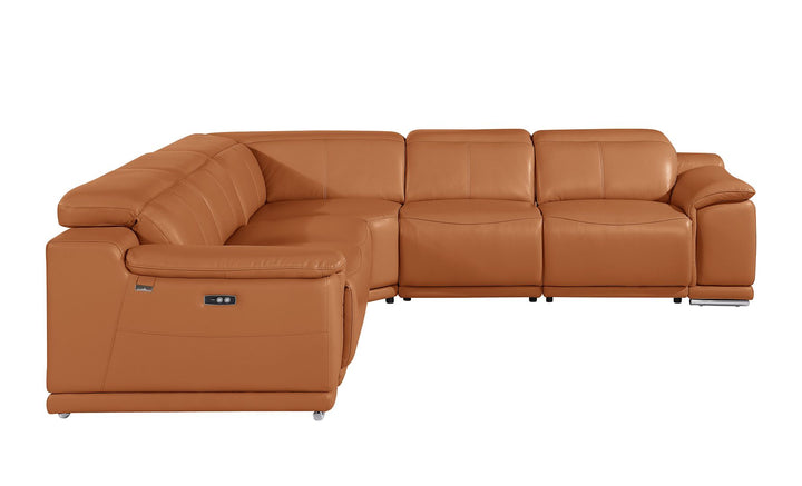 DivanItalia 9762 5-Piece L Shaped Top Grain Italian Leather Sectional Sofa with 3 Power Recliners - Camel