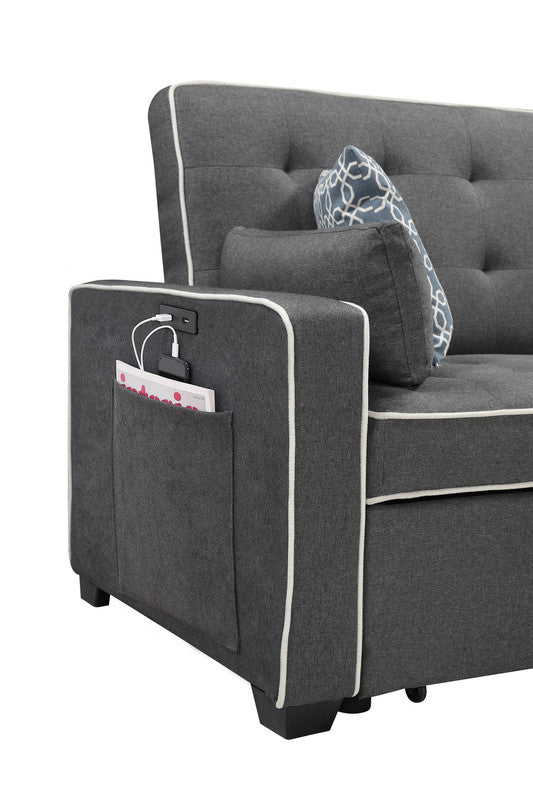 Cody 70"W Modern Gray Fabric Sleeper Sofa with 2 USB Charging Ports and 4 Accent Pillows - View 4
