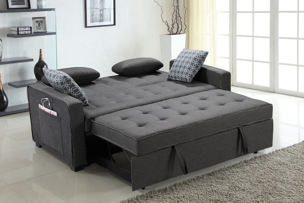 Cody 70"W Modern Gray Fabric Sleeper Sofa with 2 USB Charging Ports and 4 Accent Pillows - View 3